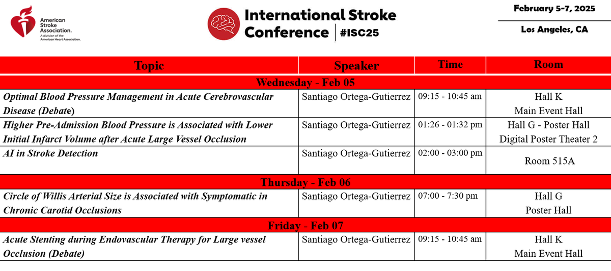 🚨We’re thrilled for #ISC25! Our lab is excited to be part of this groundbreaking conference, where Dr. Santiago Ortega-Gutierrez will participate in several sessions. We’re also looking forward to connecting with the rock stars of stroke research, knowing the event promises