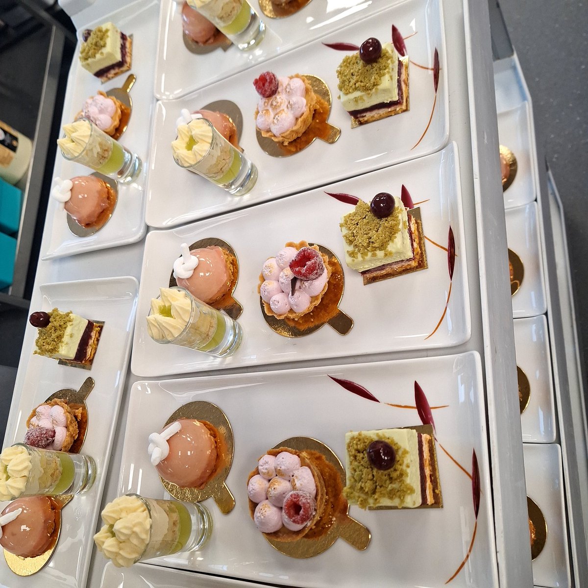 Super creativity and teamwork by Culinary Arts year 2 students preparing and presenting wonderful Afternoon tea pastries    Pistachio and cherry ,  lemon and raspberry,  strawberry and marshmallow,  green tea jelly, apple and ivory cinnamon cream