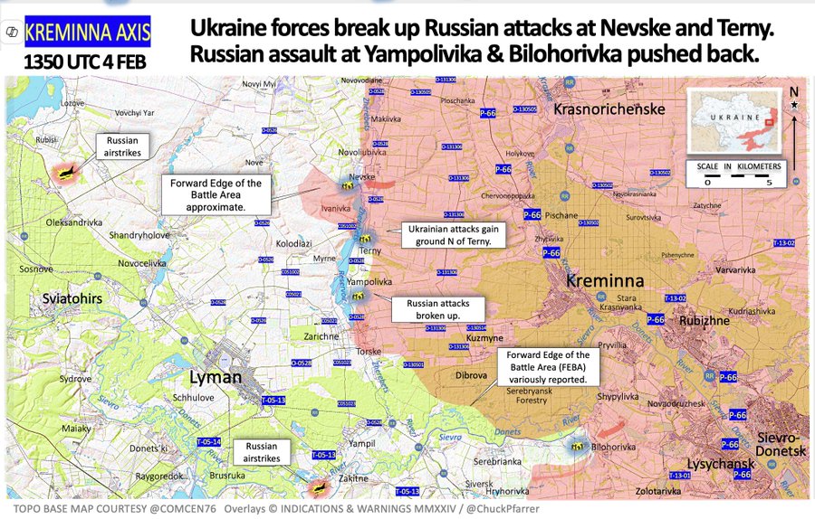 PeterClifford1's tweet photo. #Ukraine: 5. On #Kurakhove front, #Donetsk region, UA forces repel RU platoon-sized attacks &amp; hold their defensive positions. On #Kreminna front RU attacks broken up at #Nevske &amp; #Terny &amp; RU assaults pushed back at #Yampolivka &amp; #Bilohorivka. (Maps: @ChuckPfarrer) https://t.co/RBJruLuDw7