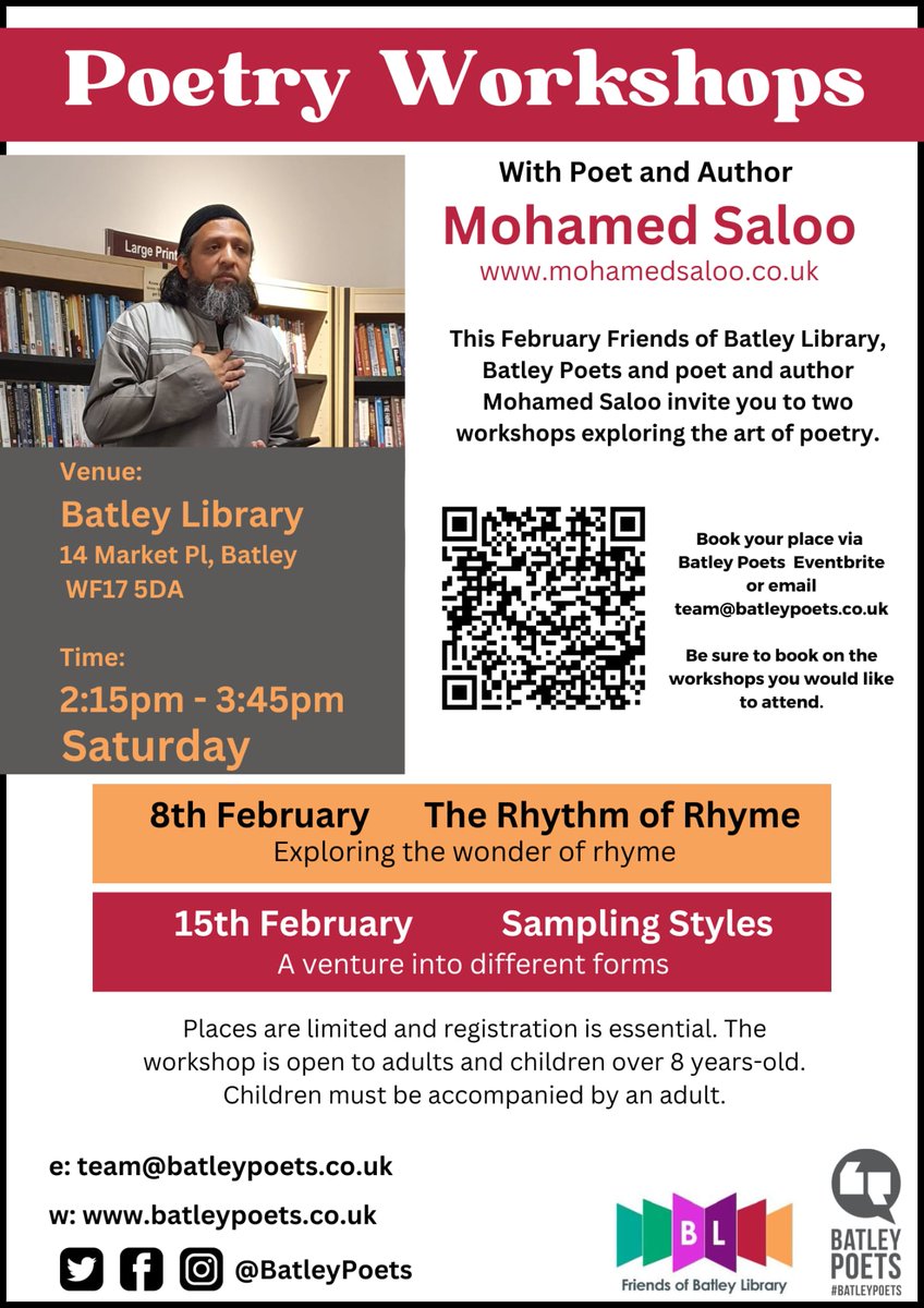 Fresh from his book launch, join Poet and Author Mohamed Saloo for 2 workshops exploring poetry. 

The first one is this Saturday and it's about The Rhythm of Rhyme. Register free via Eventbrite:

eventbrite.co.uk/e/poetry-works…