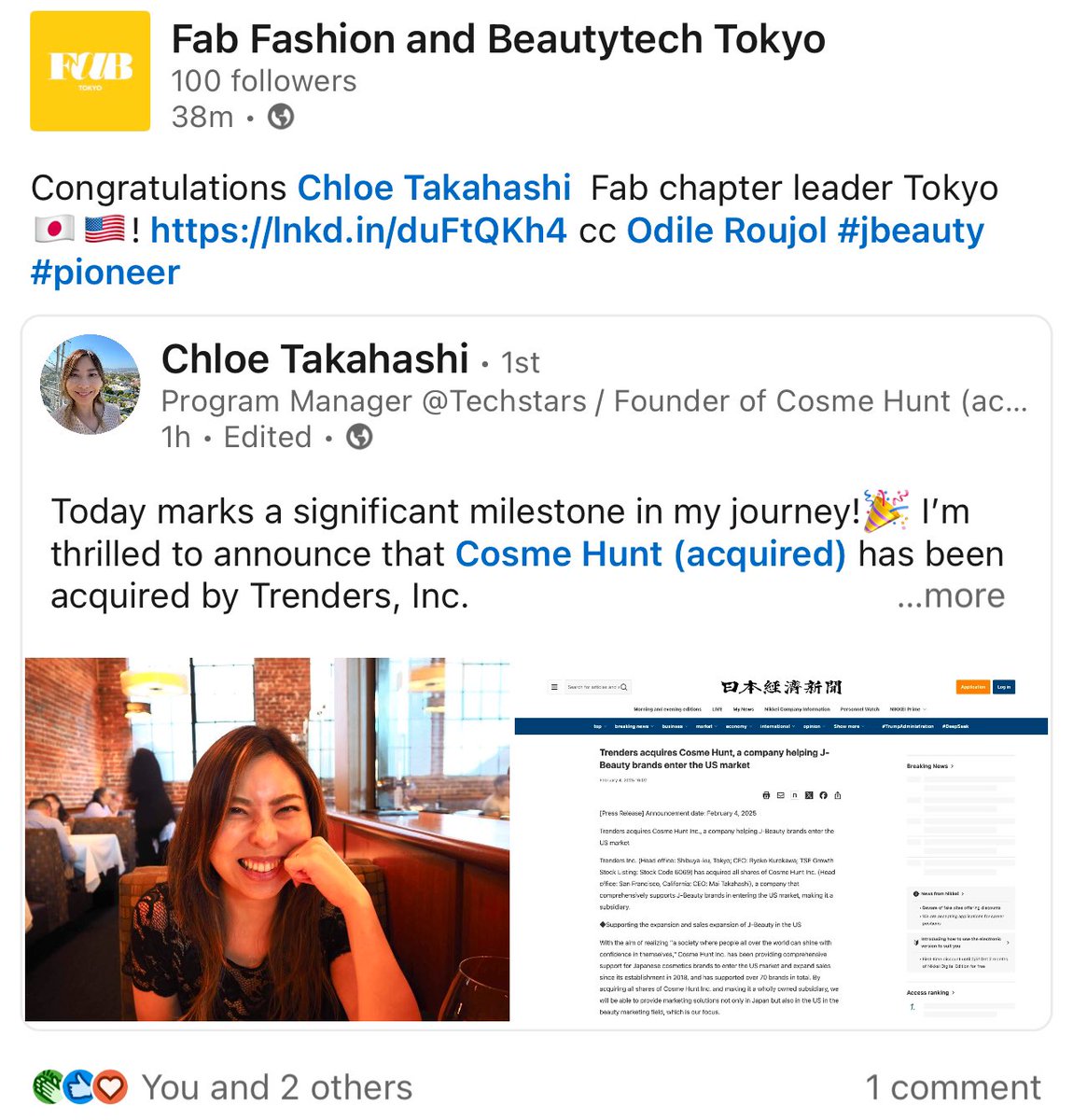 Congratulations <a href="/Chloe_Takahashi/">𝐂𝐡𝐥𝐨𝐞 𝐓𝐚𝐤𝐚𝐡𝐚𝐬𝐡𝐢</a> founder of @CosmeHunt cc <a href="/Odile_Roujol/">Odile Roujol</a> <a href="/BeautytechTokyo/">FaB Tokyo Fashion and Beautytech</a> 🇯🇵🇺🇸📈 #JBeauty