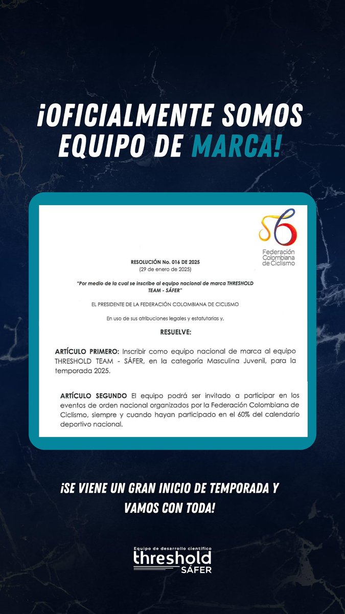Les contamos que desde hoy oficialmente somos un equipo nacional 🇨🇴 de marca reconocido por  <a href="/fedeciclismocol/">Federación Colombiana de Ciclismo</a> 

Podremos participar en las Carreras más importantes del país. Estamos muy felices por todo lo que se viene para este año. Somos #TresholdSaferTeam