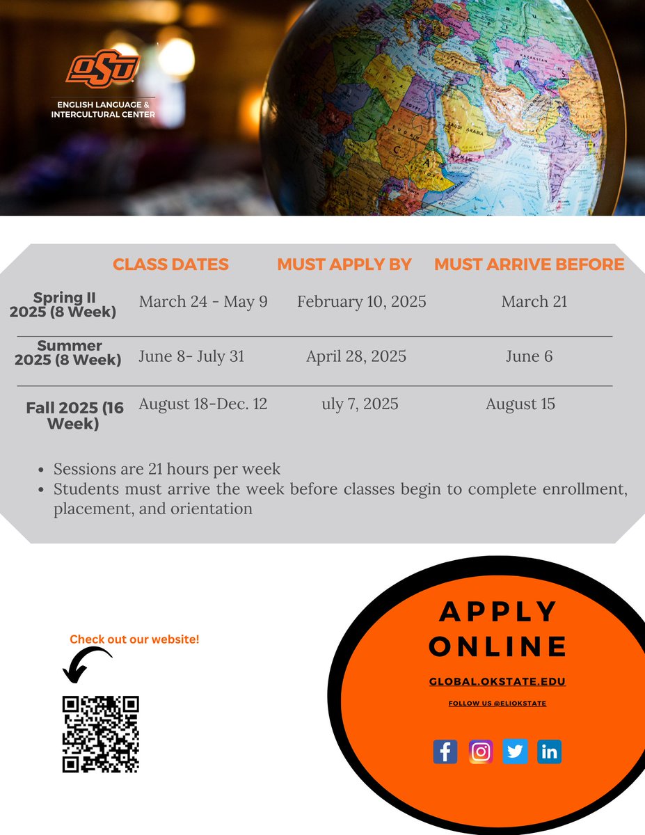 Here’s a great opportunity to improve your English and begin your educational journey! The application for the Spring || 2025 is open. Apply by February 10, 2025, and take the next step in your academic path.

#osuglobal 
#englishlearning 
#GoPokes 
#applynow