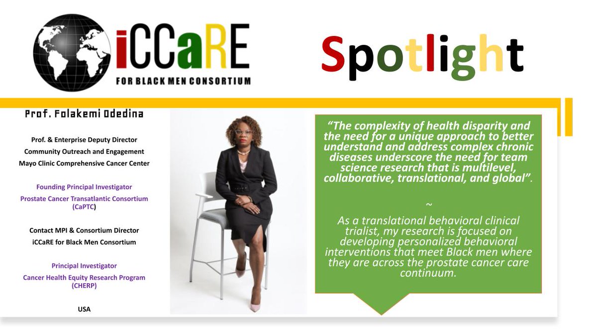 iCCaREMedia's tweet image. 🔦@iCCaRE4BlackMen Spotlight 🔦

👩🏾‍⚕️Meet Dr. Folakemi Odedina , #MPI of @iCCaRE4BlackMen , founding Principal Investigator of @captc7 and Principal Investigator of CHERP