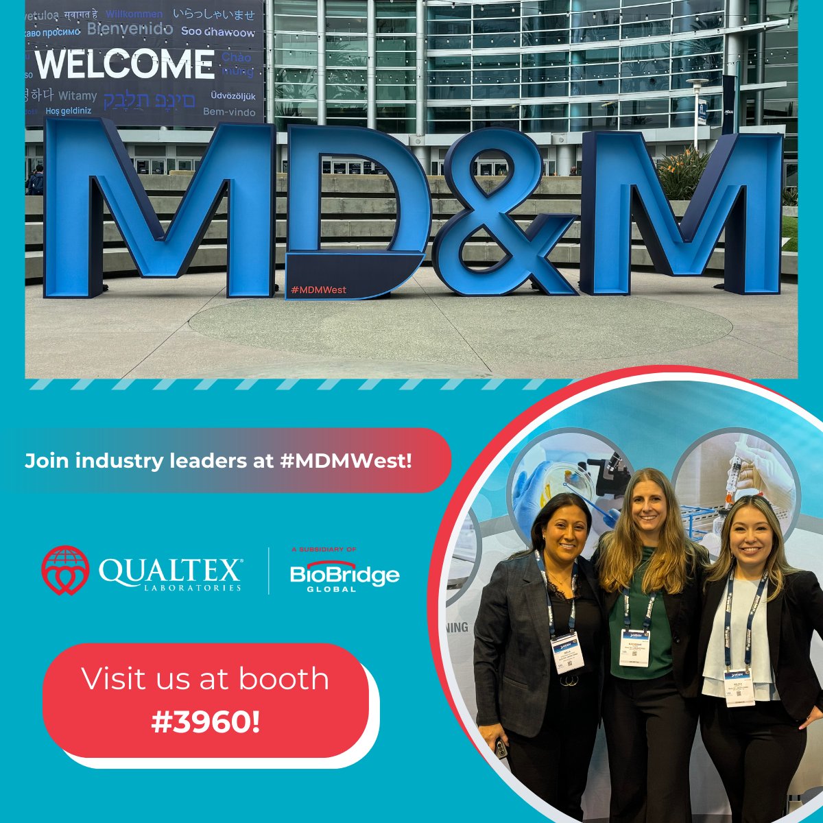 biobridgeglobal's tweet image. We’re excited for another day at #MDMWest! Stop by to chat with us about our microbiology testing solutions and how QualTex Laboratories can support your needs.

Our experts are ready to answer your questions and explore solutions with you. See you there! #MicrobiologyTesting