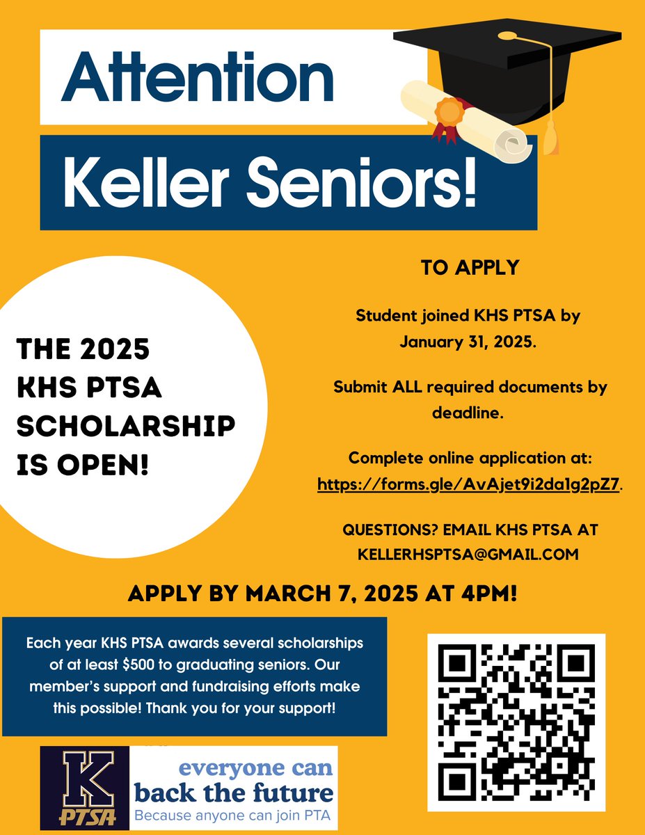 KHS PTSA (@khs_ptsa) on Twitter photo 🎓KHS Seniors! 🎓
⭐The 2025 KHS PTSA Scholarship Application is now open! ⭐
The online application and ALL documents are due March 7, 2025 at 4pm! Questions? Email kellerhsptsa@gmail.com. See the following link for the online application: forms.gle/AvAjet9i2da1g2…. 🎓KHS Seniors! 🎓
⭐The 2025 KHS PTSA Scholarship Application is now open! ⭐
The online application and ALL documents are due March 7, 2025 at 4pm! Questions? Email kellerhsptsa@gmail.com. See the following link for the online application: forms.gle/AvAjet9i2da1g2….