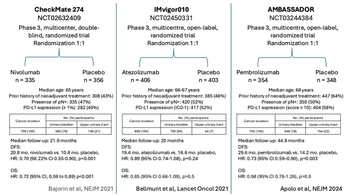 urotoday's tweet photo. Reflections on the #AMBASSADOR trial: The role of adjuvant pembrolizumab in muscle-invasive urothelial carcinoma. 🚨 The AMBASSADOR trial highlights adjuvant #pembrolizumab as a potential game-changer for high-risk #MIUC, with significant DFS benefit. However, OS data remain immature, and real-world immunotherapy crossover complicates interpretation. Future research must refine patient selection! #ReadNow > https://t.co/s1Rv26feAz @UroMoschini @Albert0Briganti @SanRaffaeleMI @CellRepMed