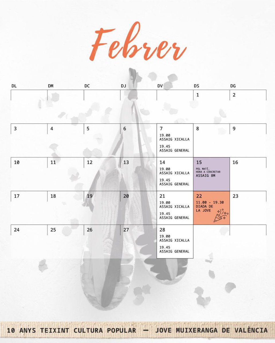 📣Ací teniu el nostre mes de febrer! Un mes ple de preparatius i amb una celebració molt especial!

🔶15 de febrer
✨Assaig actuació 8M amb la Muixeranga de Sueca

🔶22 de febrer
🎉5a Diada de la Jove i 10é aniversari de la colla 
--
#TotesALaDiada 
#AmuntLaJove #JoveMuixeranga