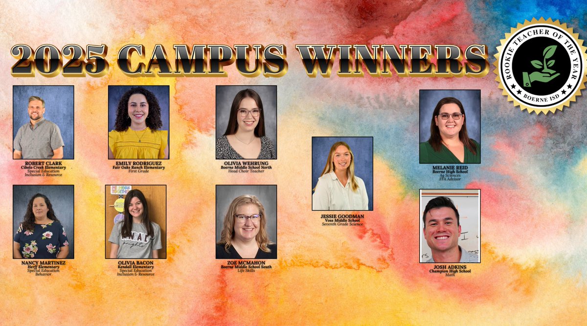 Boerne ISD (@boerneisd) on Twitter photo The Future is so Bright!!!!
🏆 Boerne ISD has announced the 2025 campus Rookie of the Year winners.
The winners selected by their peers once again epitomize the very best of Boerne ISD. The Future is so Bright!!!!
🏆 Boerne ISD has announced the 2025 campus Rookie of the Year winners.
The winners selected by their peers once again epitomize the very best of Boerne ISD.