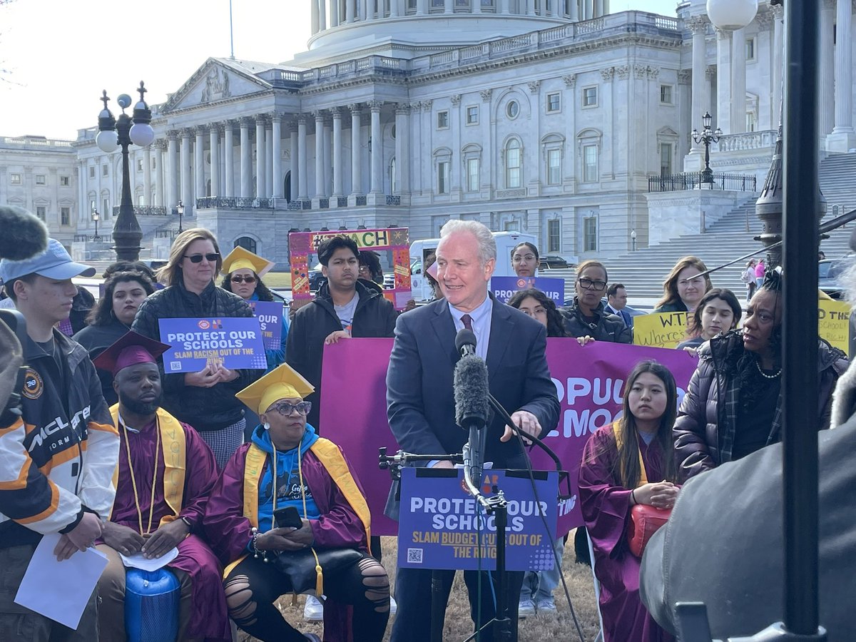SEIU500's tweet photo. Today Maryland’s U.S. Senator @ChrisVanHollen and SEIU Local 500 Trustee Henrietta Jenkins spoke out against @realDonaldTrump attacks on public education, civil rights, and his appointment of Linda McMahon to lead the U.S. Dept of Education #ProtectOurStudents #SaveOurJobs https://t.co/6GVAJfzefO