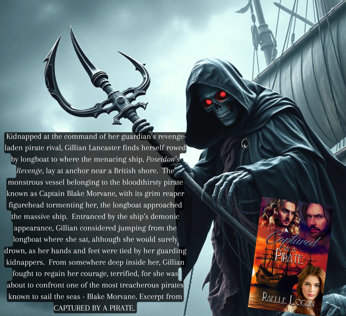 Kidnapped by her guardian’s vengeance-laden pirate rival, Gillian Lancaster is rowed by longboat to where the menacing ship, Poseidon’s Revenge, lies at anchor near a British shore - she's forced to confront Captain Blake Morvane, a sinister pirate. #romance #PirateBooks #books