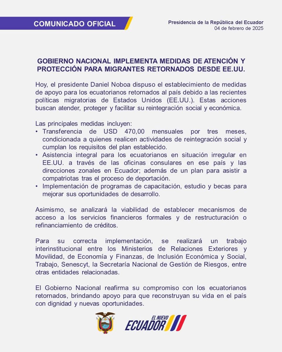 Regering #Ecuador geeft VS uitgezette migranten de eerste 3 maanden na hun terugkeer $470 per maand (een basissalaris) om te reïntegreren in de Ecuadoraanse samenleving. Ook beloven ze (om)scholing en worden studiebeurzen beschikbaar gesteld.