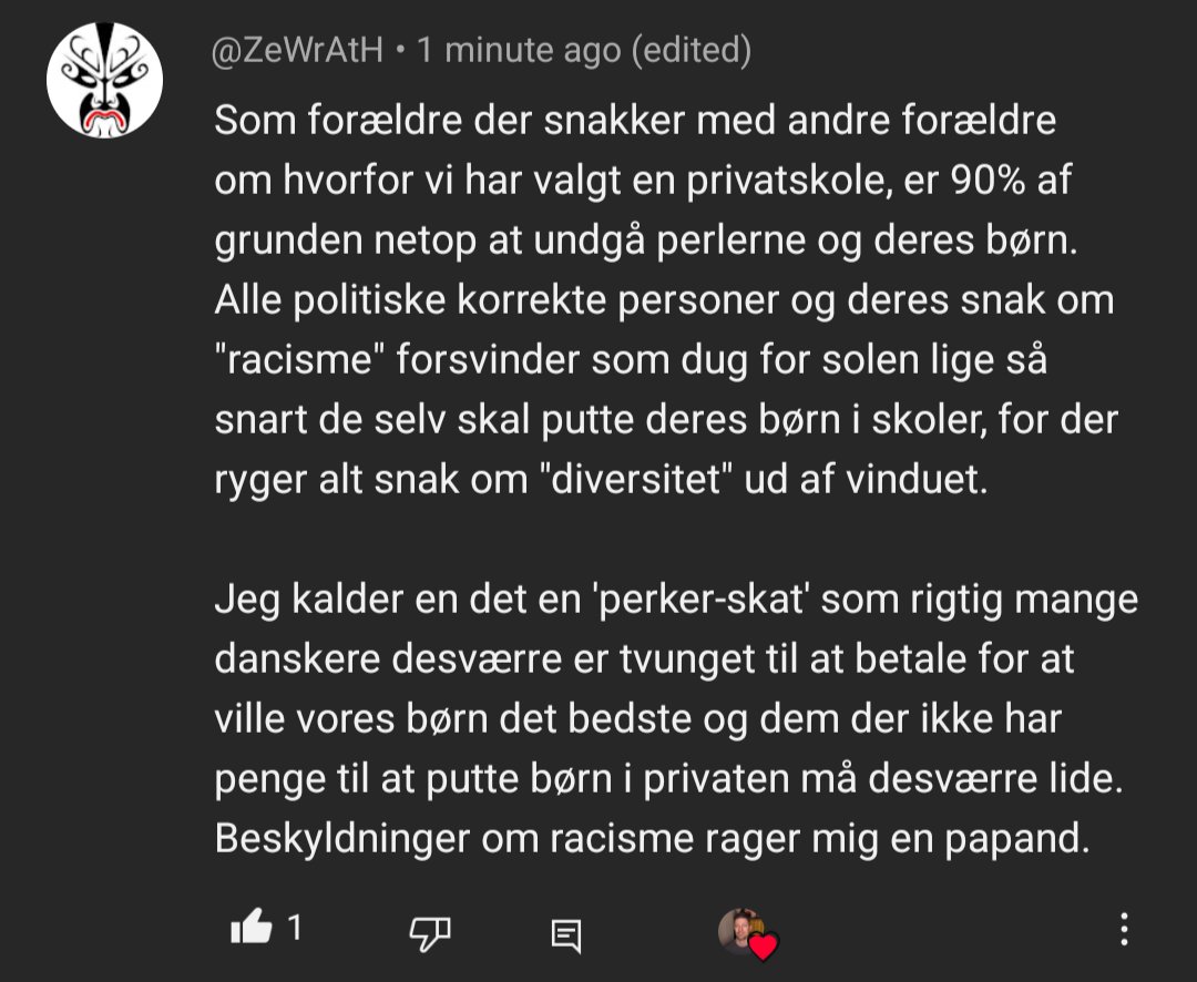 LarsAnders1620's tweet photo. Kommentar på min youtube-kanal. 
Danske forældre må betale 2 gange for deres børns skole for at slippe for berigelsen. https://t.co/Ofi3HlFO9A