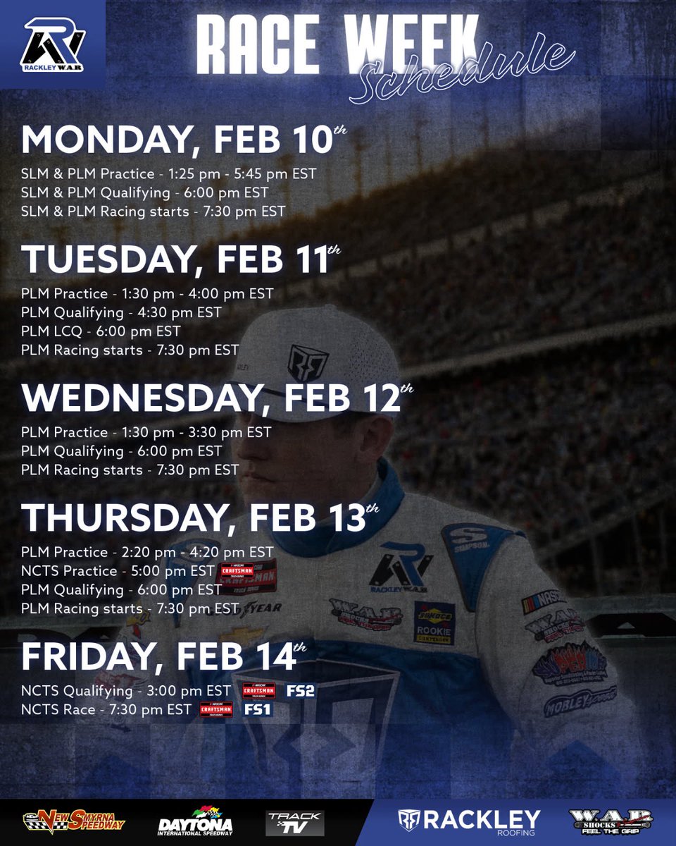 The “World Series of Asphalt” kicks off THIS WEEK at <a href="/newsmyrnaspdwy/">New Smyrna Speedway</a>!!! The “Speedweeks” prelude continues to the 2025 <a href="/DAYTONA/">Daytona International Speedway</a> 500! 🏁

Piloting the #RackleyWAR machines will be:

PLM: <a href="/IsaacKitzmiller/">isaacitzmillerracing</a> 
SLM: <a href="/WilliamSawalich/">William Sawalich</a> | @dawsonsutton26