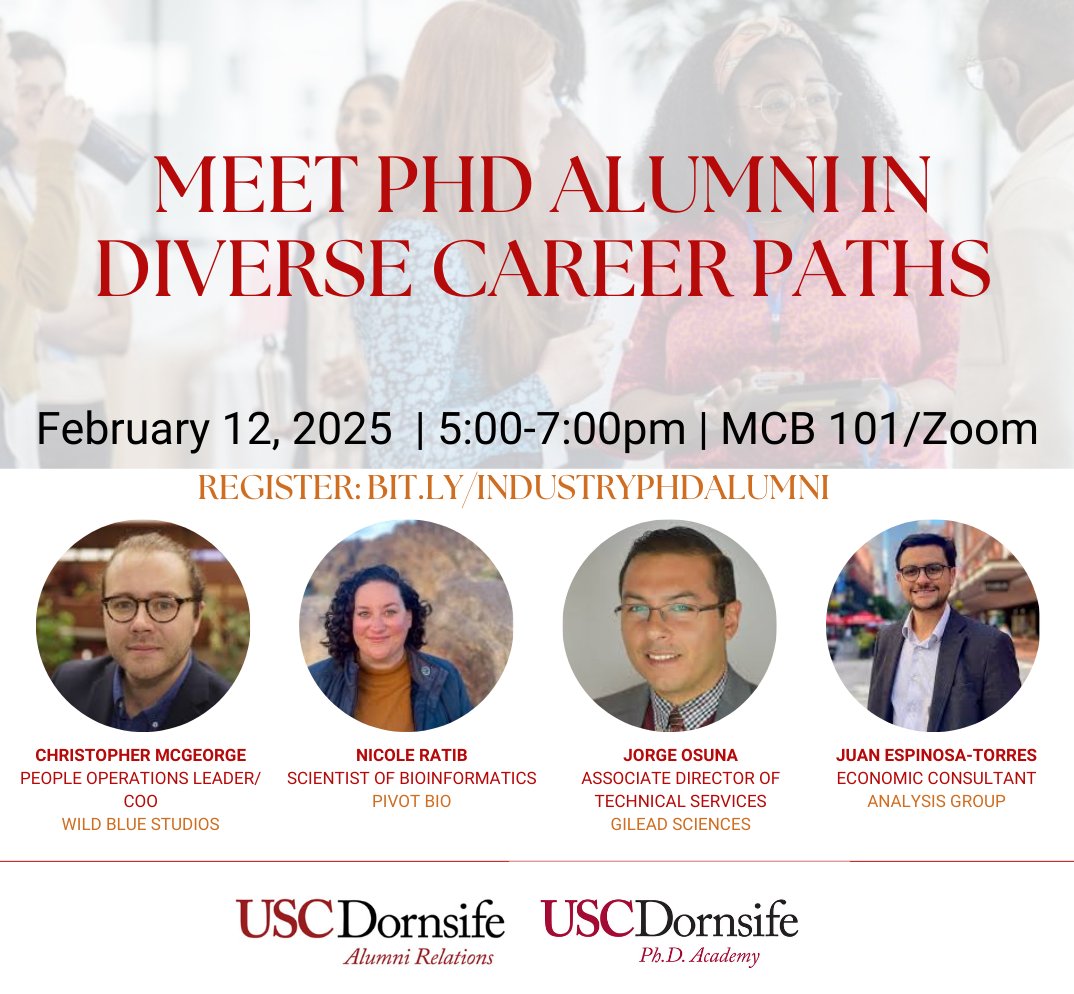 Calling all Ph.D. students!  Join us for Meet Alumni in Diverse Careers on Wednesday, Feb 12th! Connect with Dornsife Ph.D. alumni who have built successful careers beyond academia. Our panelists are from Wild Blue Studios, Gilead Sciences, Pivot Bio, and Analysis Group.
#PhD
