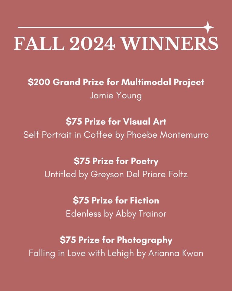Congratulations to our Fall 2024 prize winners! We're blown away by the submissions received!

If you didn't submit your original writing or visual art, don't worry! Spring 2025 submissions are now open!

Submission info here and at the 🔗 in bio!

docs.google.com/forms/d/e/1FAI…