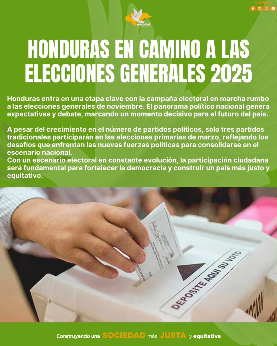 En ASONOG creemos en el poder de la participación activa. ¡Infórmate, involúcrate y haz que tu voz cuente en este proceso electoral! ✊🇭🇳.      #ParticipaciónCiudadana #EleccionesHonduras2025