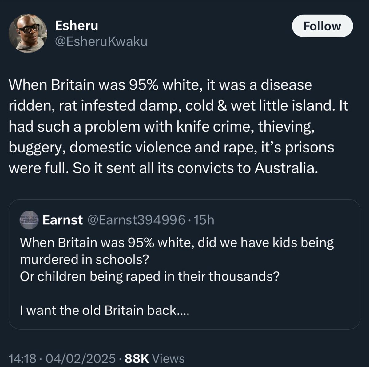 &gt;lives in Britain 
&gt;hates white people 
&gt;grabs computer invented by white people
&gt;writes anti white and anti Britain rant
&gt;writes in English, language by white people
&gt;uses the internet invented by white people
&gt;posts it 

The irony.
