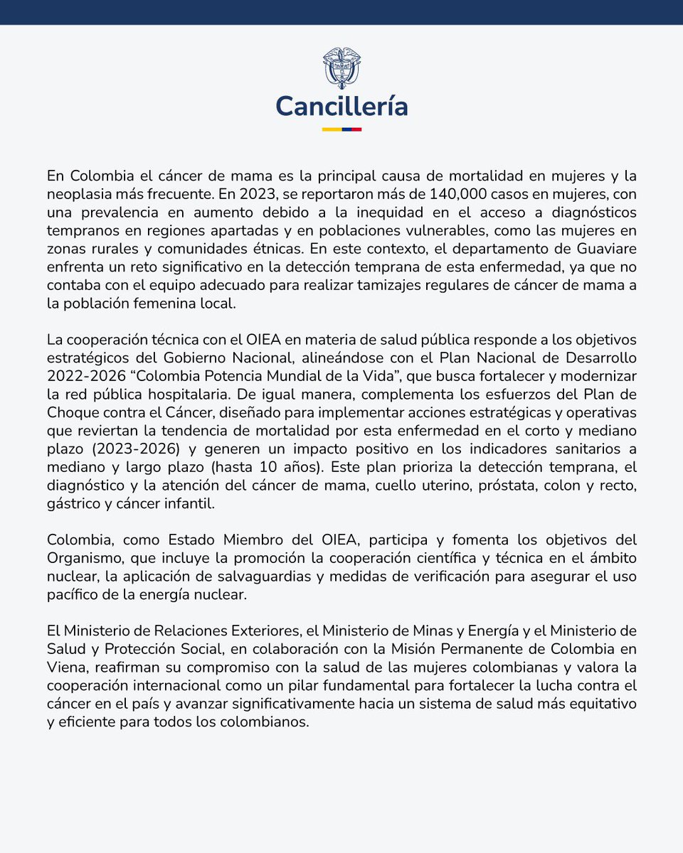 Cancillería Colombia (@cancilleriacol) on Twitter photo Gobierno Nacional y Organismo Internacional de Energía Atómica (<a href="/iaeaorg/">IAEA - International Atomic Energy Agency ⚛️</a>) avanzan en la lucha contra el cáncer en Colombia con donación recibida para fortalecer la red pública hospitalaria
cancilleria.gov.co/newsroom/news/… Gobierno Nacional y Organismo Internacional de Energía Atómica (<a href="/iaeaorg/">IAEA - International Atomic Energy Agency ⚛️</a>) avanzan en la lucha contra el cáncer en Colombia con donación recibida para fortalecer la red pública hospitalaria
cancilleria.gov.co/newsroom/news/…