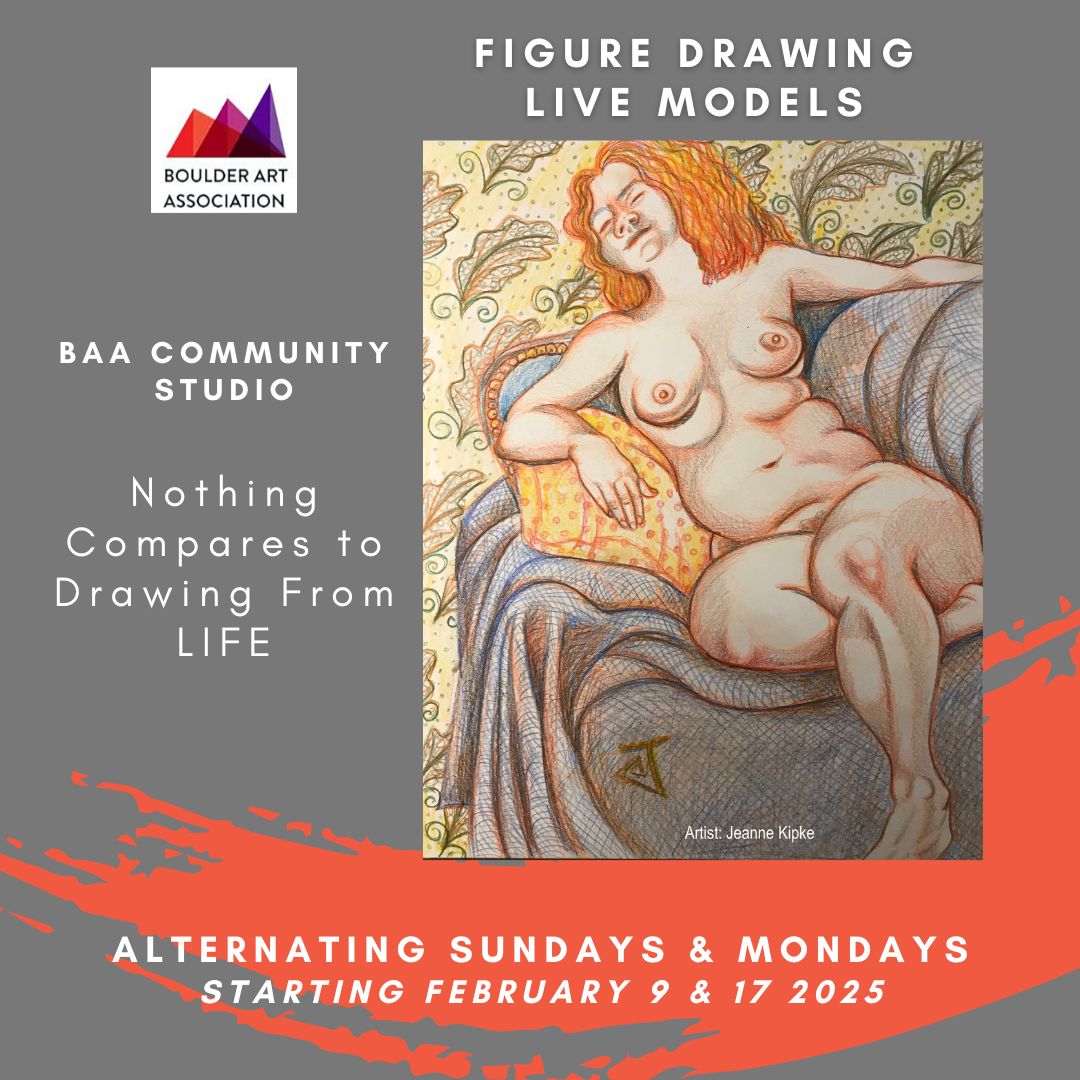 BoulderArtAssoc's tweet photo. Live figure drawing sessions at the BAA Community Studio!  
Starting alternating Sundays &amp; Mondays, Feb 9 &amp; 17.
Mondays 1-4:00 pm, Sundays 2-5:00 pm
$25 BAA members/$30 nonmembers (PayPal/Venmo)
Email info@boulderartassociation.org with any questions. https://t.co/SNENPFd62t