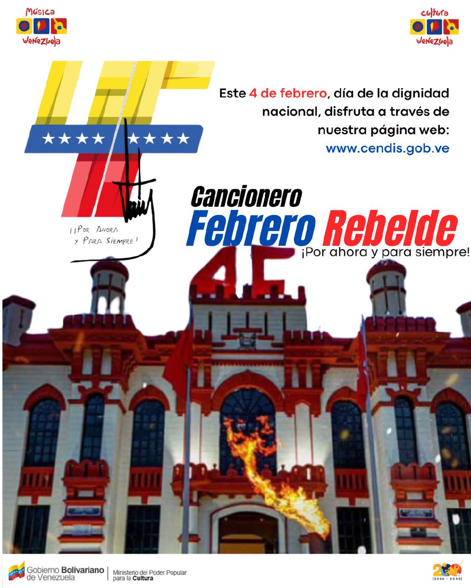 Este *4 de Febrero, Día de la Dignidad Nacional*, te ofrecemos:

 *Cancionero Febrero Rebelde, Por Ahora y para Siempre!*

Una selección de canciones del repertorio de la Revolución Bolivariana de Venezuela.

cendis.gob.ve/?page_id=5359