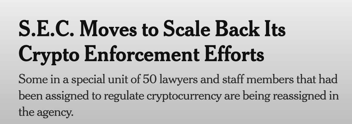 dangambardello's tweet photo. 🚨 JUST NOW: The SEC is scaling back its crypto enforcement unit, reassigning 50 lawyers and staff in what appears to be one of the first major regulatory shifts under Trump https://t.co/3Zg9V06oMB