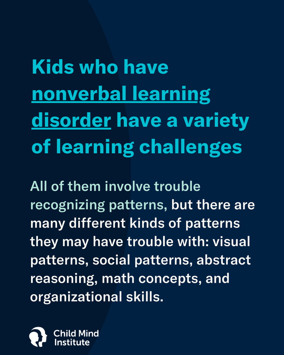 childmindinst's tweet photo. Nonverbal learning disorder is a condition that causes kids to have trouble with visual-spatial thinking, fine and gross motor skills, social communication, and mathematics. These children also have significant strength in rote learning, memorization, and early language development. Here are some ways we can help kids with NVLD:

Assessment is the first step
Once kids get a clear idea of their particular learning profile, they feel both relieved and empowered. Finally, they can know what they need, how to ask for help, and what to expect of themselves.

Using scripts
No matter the subject, classwork focuses on taking things that might appear unstructured to students, and finding the pattern.
Other kids do this intuitively, but kids with NVLD have to be taught these patterns and then use them to understand new or complicated things.

Social communication can also be based on knowing the script.
You can take situations, analyze them, help kids to understand what happened, and repeat it until they internalize the pattern.
Social patterns can be difficult though, because they're so emotionally charged. When kids feel hurt, they may not be in a teachable space.

Parents can follow these same strategies at home.
When your kid is being rigid, we tend to think they're being oppositional, or disrespectful. But often they're not--they're just not understanding, and they're having the same reaction to a misunderstanding you might have.

It's important to give kids with NVLD opportunities to engage in problem-solving.
Kids with NVLD should see adults struggle too. Being transparent about the steps you are going through when you try to solve a problem, for instance, can help kids learn scripts for problem-solving.

Learn more:
https://t.co/CXrzu50Ihe