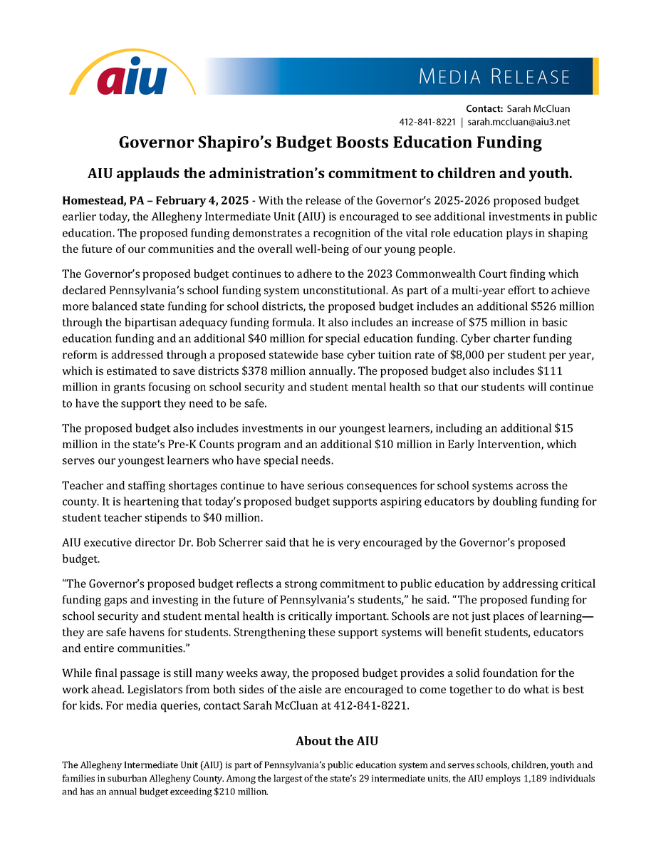 Dr. Robert Scherrer (@aiu_exdir) on Twitter photo Encouraging investments for early childhood, public & special ed in <a href="/GovShapiroPA/">Governor Shapiro</a> proposed budget - these will help kids and entire communities. Encouraging investments for early childhood, public & special ed in <a href="/GovShapiroPA/">Governor Shapiro</a> proposed budget - these will help kids and entire communities.