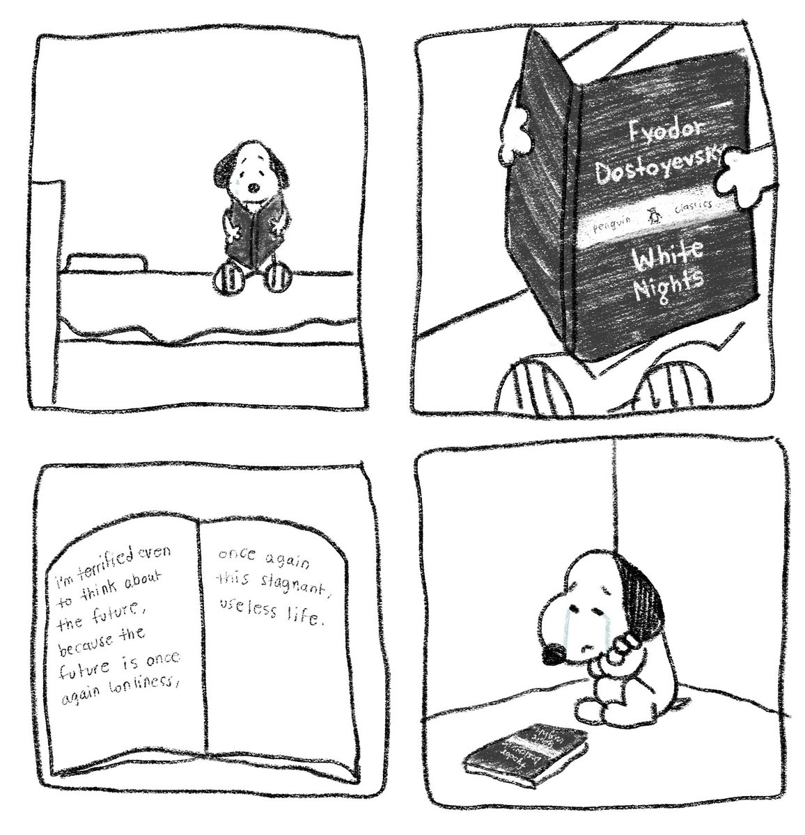 lovedropx's tweet photo. snoopy after reading white nights by dostoevsky https://t.co/VYkjn30Tx4