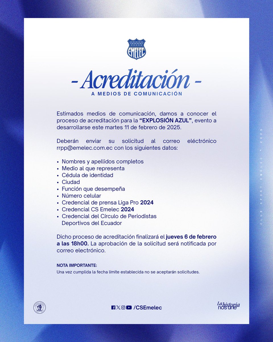 CSEmelec's tweet photo. 📃 Acreditación a medios de comunicación para la Explosión Azul 

#LaHistoriaNosUne 🔵 https://t.co/PUSGLzvODj