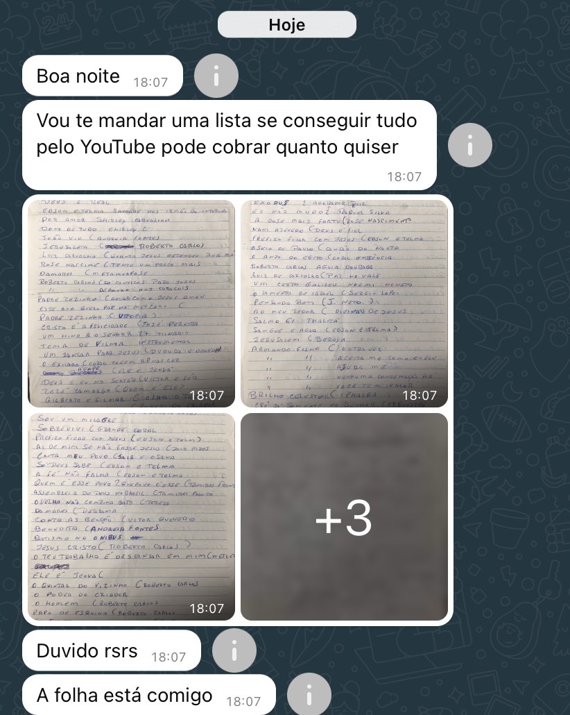 hoje um senhor do meu trabalho disse que me pagaria o quanto eu quisesse só pra baixar musica no pendrive pra ele porque ele tinha escrito no papel mas não sabia ouvir…. quase chorei to desde q cheguei em casa fazendo isso y obvio nao vou cobrar nada… apenas o poder da musica