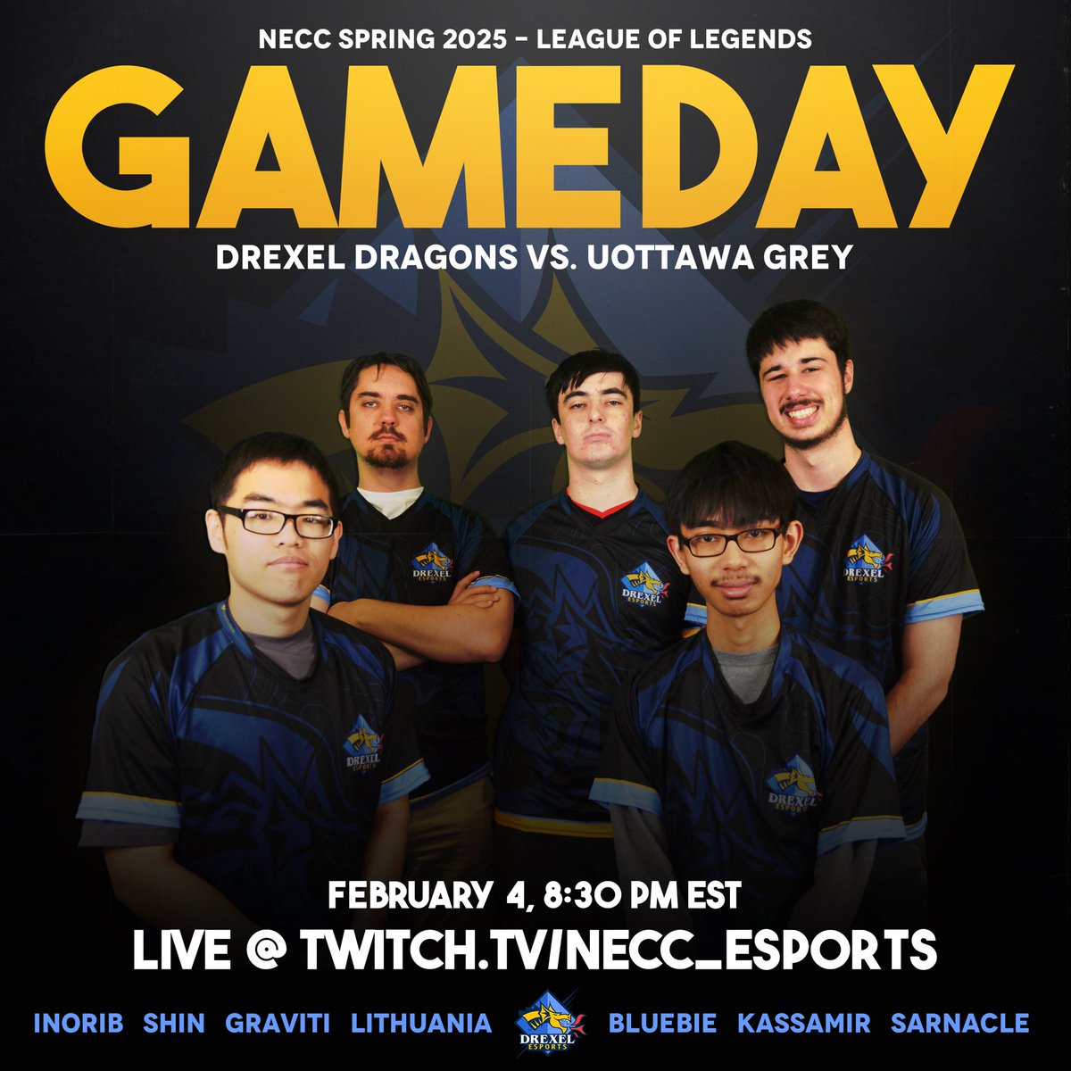 Drexel Esports (@drexel_esports) on Twitter photo Drexel Dragons LoL face off against <a href="/uOttawaEsports/">uOttawa Esports</a> Grey TONIGHT! π
ποΈ 8:30pm EST
πΊ twitch.tv/necc_esports Drexel Dragons LoL face off against <a href="/uOttawaEsports/">uOttawa Esports</a> Grey TONIGHT! π
ποΈ 8:30pm EST
πΊ twitch.tv/necc_esports