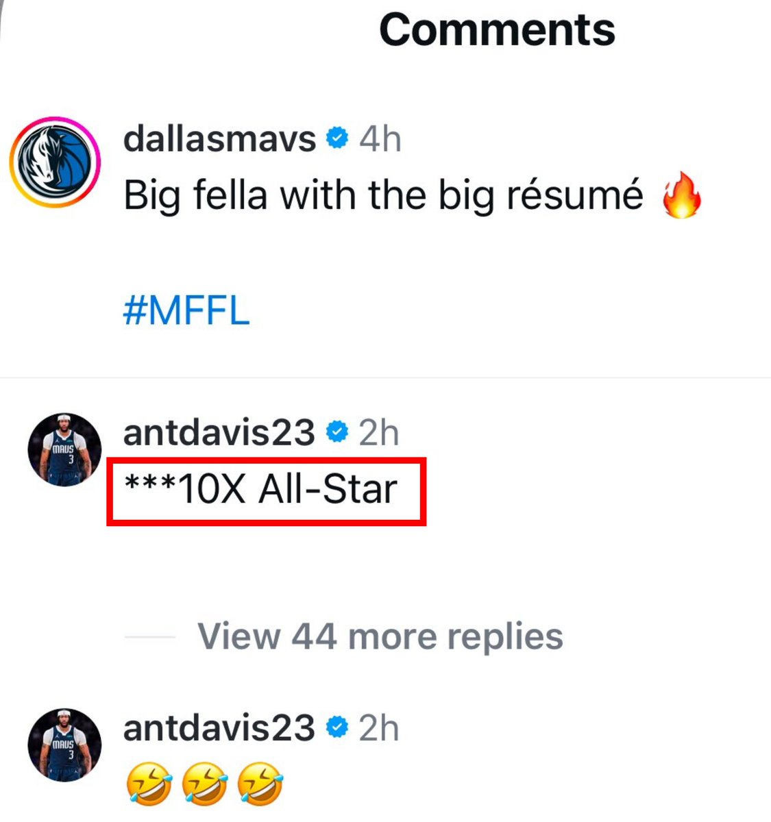 ClutchPoints's tweet photo. Anthony Davis had to let the Mavs know that he's a 10x All-Star, not a 9x All-Star 😅

(via @dallasmavs/ IG) https://t.co/8LKpOjDPMf