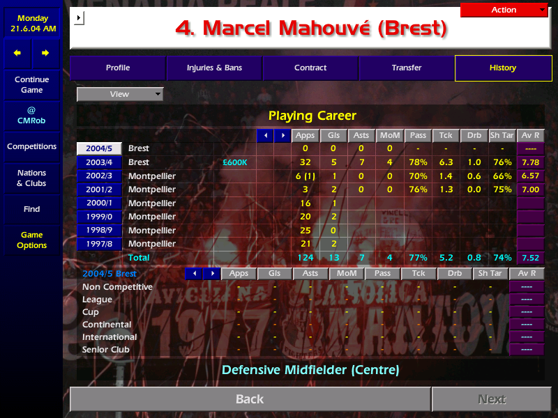 CMRob82's tweet photo. Mahouve's stats and one of my pet hates of this game when you lose a star player who then doesn't get the game time at his new club...
Β£18million in the bank...do I go for a #BrestAugmentation ahead of the CL?
Do I bring Duffy home? Does anyone care? π€£π€£#CM0102BrestisBest https://t.co/dbWEo4CNaV