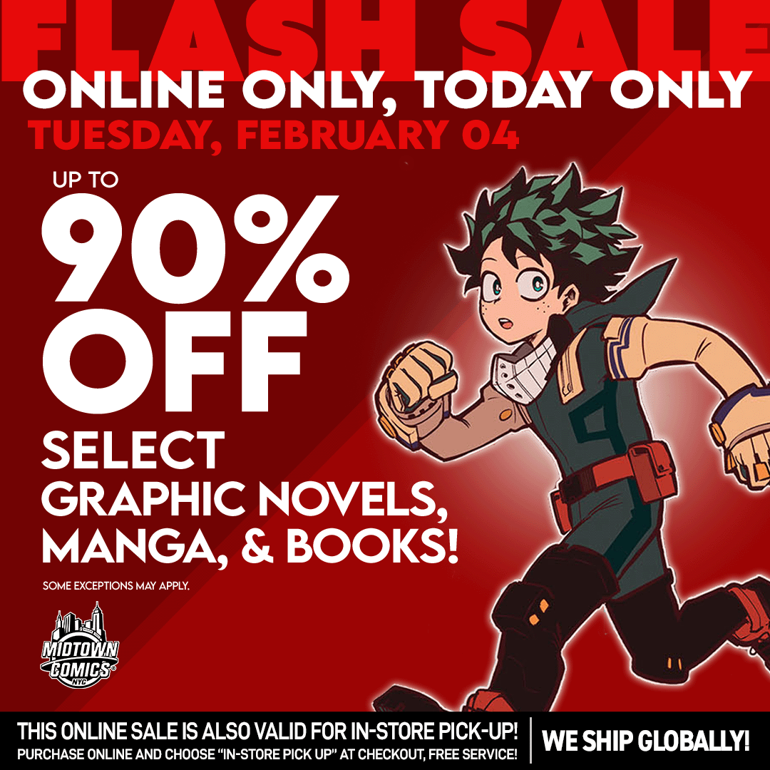 MidtownComics's tweet photo. MIDTOWN COMICS ONLINE ⚡#FLASH SALE!⚡
📅TODAY ONLY: SAVE UP TO 90% off of #GraphicNovels #Manga + #Books!
All PUBLISHERS on sale! From #Marvel to #ImageComics, to #DCcomics, #DSTLRY + more!
🛍️#Shop now: https://t.co/OHnAQpqKXC
#MidtownComics #cheapcomics #comicshop #comicdeal https://t.co/iT0uS2biP6
