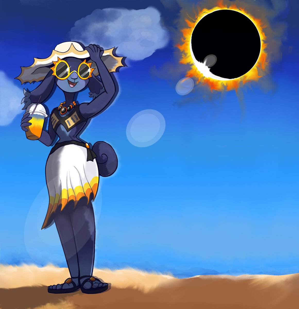 dragon_zephyr's tweet photo. A solar eclipse-themed character design I created last year to celebrate the eclipse!  

I named her Sunsetta. A beach themed character. An original anthropomorphic bunny/goat species I created called a 'Poxxie'  

#anthro #furry #solareclipse #eclipse #digitalart https://t.co/P6t6z0dmcZ