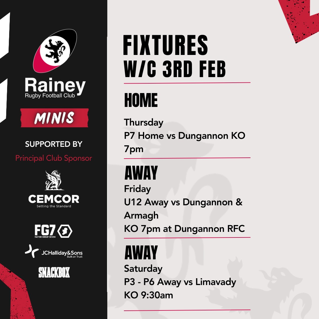RaineyRFC's tweet photo. 1XV to Sligo (Sat, AIL)

2XV to Dromore (Towns Cup QF)

Women @ Queen’s, Girls host Dungannon/Armagh (Sun, 12pm)

U14s vs Academy (Sun, 11am)

Minis: P7s vs Dungannon (Thurs, 7pm)
U12s @ Dungannon/Armagh (Fri, 7pm). P3-P6 @ Limavady (Sat, 9:30am)

Good luck to all teams ⚫️🔴🏉 https://t.co/gNK4ftcrsU