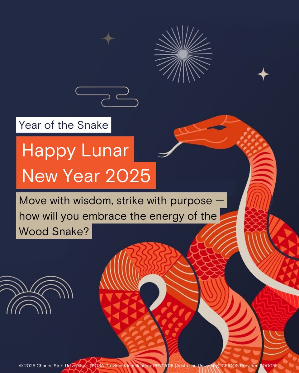 🐍 Happy Lunar New Year, 2025! 🌕✨

As we enter the Year of the Snake, we’re celebrating new beginnings, success, and resilience—values that resonate with our Charles Sturt community worldwide. 

#LunarNewYear2025 #YearOfTheSnake #CharlesSturtAlumni #CharlesSturtUni
