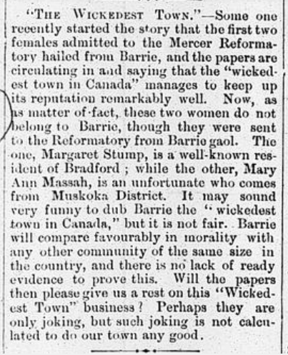 "WICKEDEST TOWN IN CANADA"
On Aug 28, 1880, 19-year-old Margaret, charged with a sex-offence "prostitution", became the first prisoner at the Andrew Mercer Reformatory. She was released on Feb 3, 1881, and her fate remains unknown. This is the only newspaper article found so far.