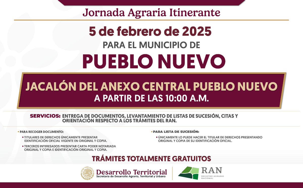 ¡Es mañana!
El <a href="/RAN_Nacional/">Registro Agrario Nacional</a> en #Durango te invita al la Jornada Agraria en el municipio de #PuebloNuevo.

Consulta la información completa: