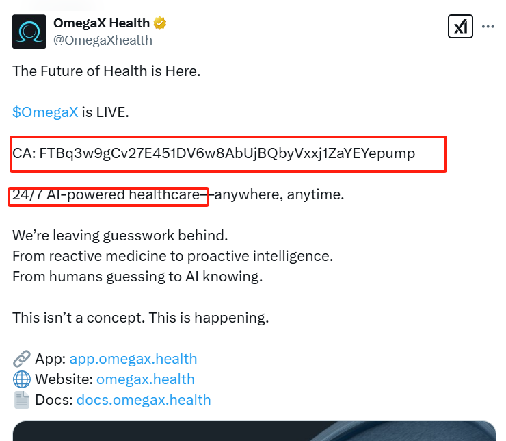 memewizd's tweet photo. $OmegaX
FTBq3w9gCv27E451DV6w8AbUjBQbyVxxj1ZaYEYepump
3m now

https://t.co/PxVDuJRmBZ

dyor - OmegaX is an AI-powered personal health coach that provides proactive health management.

The dev is Marino Sabijan, MD @dr_sabijan, whose LinkedIn has 7k followers.

By connecting your wearable devices (such as Apple Watch, Fitbit, or other fitness trackers) through the app, it can track your exercise, sleep, and biometric data in real time. You can also manually input personal information, and OmegaX will monitor your health data in real time, analyze potential health risks, and provide alerts.