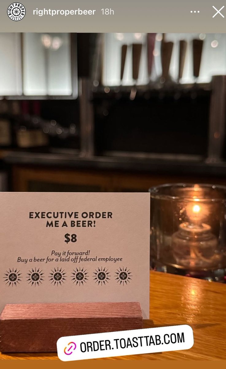Right Proper allowing customers to pay it forward to buy a beer for a laid off Federal employee 

buff.ly/4jIACvO