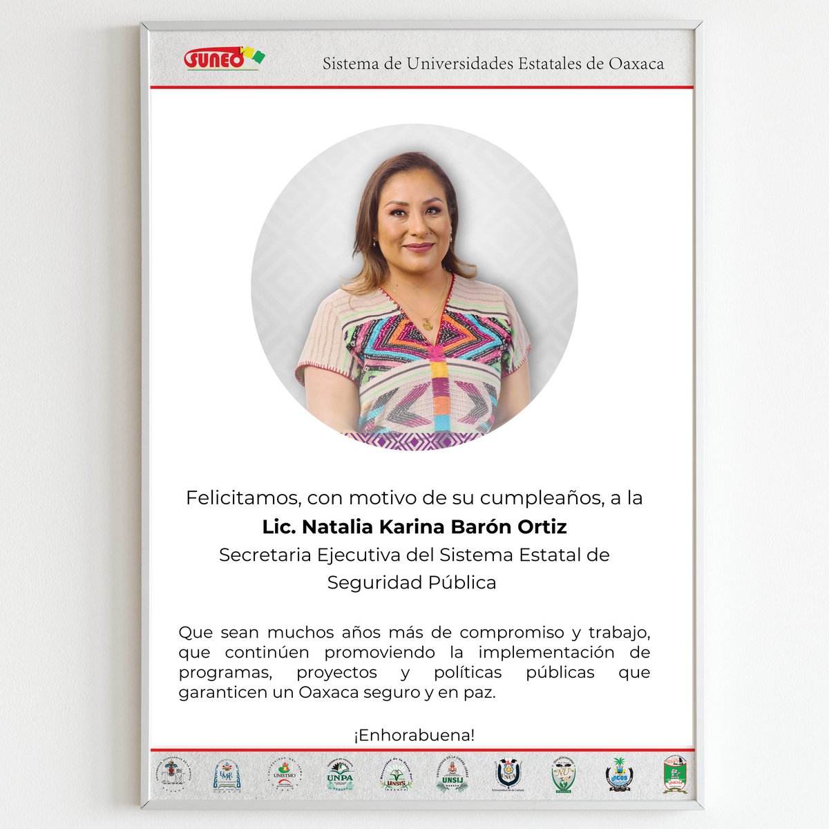 SUNEO_Oaxaca's tweet photo. Felicitamos, con motivo de su cumpleaños, a la Lic. Natalia Karina Barón Ortiz, Secretaria Ejecutiva del Sistema Estatal de Seguridad Pública. ✨
.
@KarinaBaronO https://t.co/IQXjp51IQ0