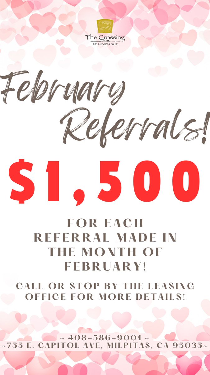 TheCrossingRPM's tweet photo. FEBRUARY REFERRALS ARE $1,500!

We have AMAZING DEALS going on right now on our floorplans!
Bring your friends &amp; colleagues to find their future home!

Call or stop by for more information! Great opportunity to earn some extra cash and to have your friends be your neighbors! https://t.co/eBPUehmDIu