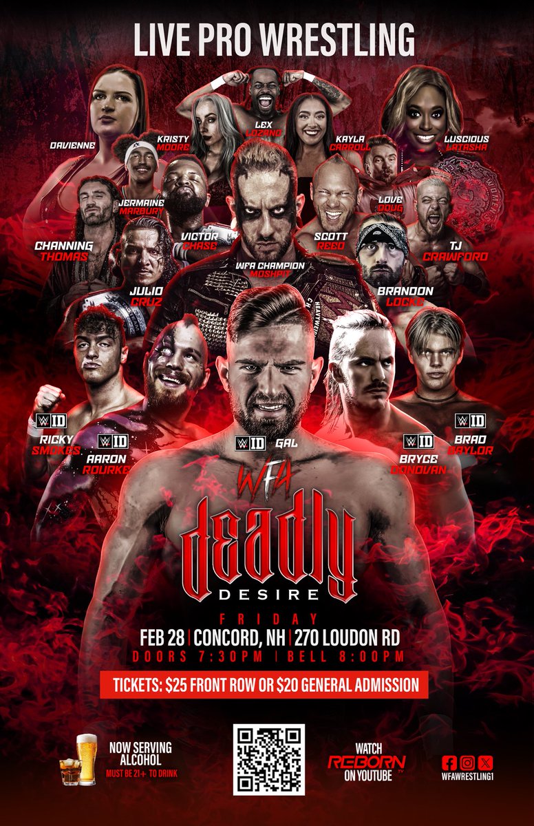 Wrestling Federation of America (@wfawrestling1) on Twitter photo 💀🔥 DEADLY DESIRE 🔥💀
The Wrestling Federation of America returns to The Zoo Health Club in Concord, NH with “DEADLY DESIRE” on Friday night, FEBRUARY 28TH! 🏆💥
<a href="/WWEID/">WWE ID</a> <a href="/PerfectAaron1/">Aaron Rourke🏳️🌈</a> <a href="/justgal_/">GAL</a> <a href="/BryceDShook/">Bryce Donovan</a> <a href="/bradbay1or/">Brad Baylor</a> <a href="/smokeshow_ricky/">Ricky Smokes</a>
🎟️:wfawrestling.com
#WWEID 💀🔥 DEADLY DESIRE 🔥💀
The Wrestling Federation of America returns to The Zoo Health Club in Concord, NH with “DEADLY DESIRE” on Friday night, FEBRUARY 28TH! 🏆💥
<a href="/WWEID/">WWE ID</a> <a href="/PerfectAaron1/">Aaron Rourke🏳️🌈</a> <a href="/justgal_/">GAL</a> <a href="/BryceDShook/">Bryce Donovan</a> <a href="/bradbay1or/">Brad Baylor</a> <a href="/smokeshow_ricky/">Ricky Smokes</a>
🎟️:wfawrestling.com
#WWEID