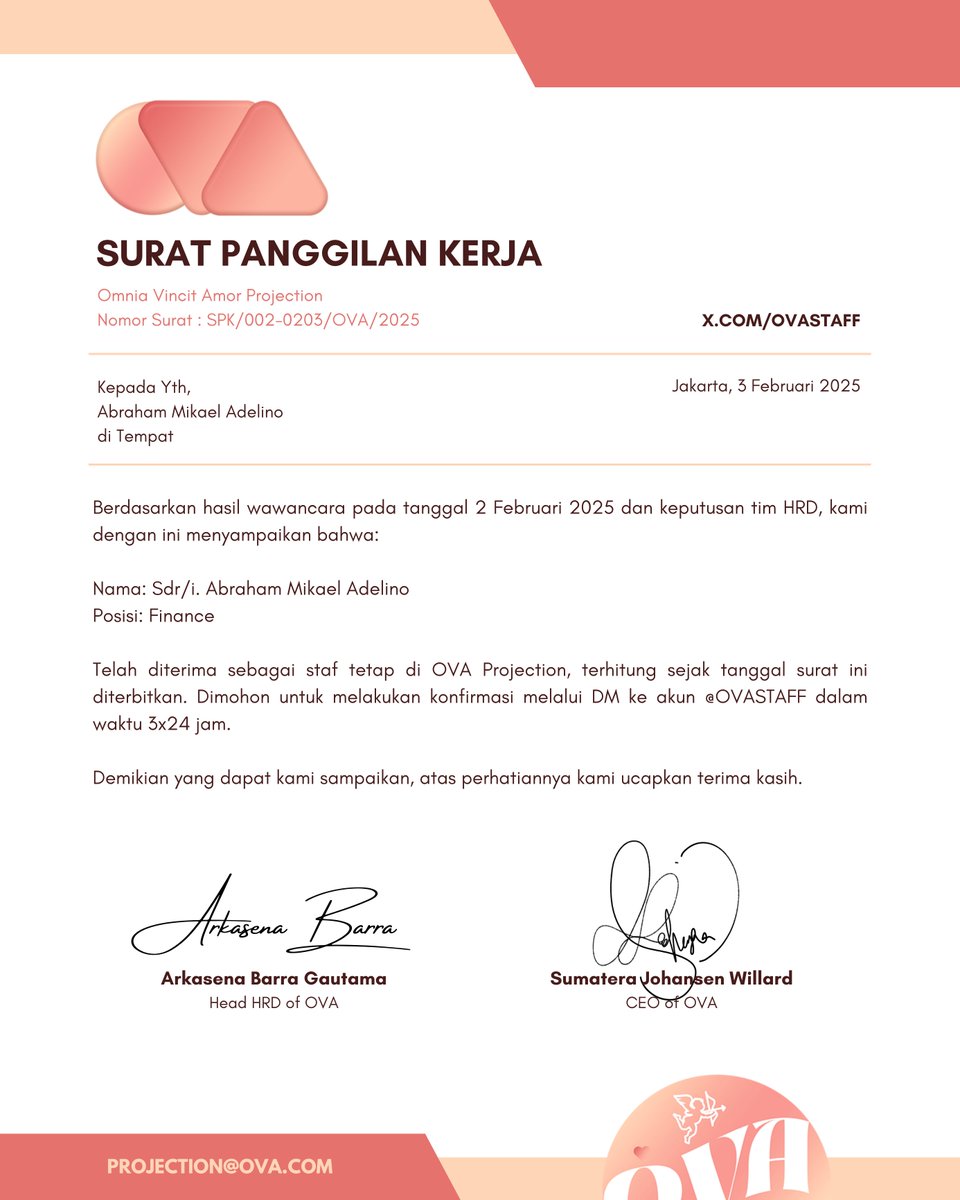 OVAstaff's tweet photo. ㅤ

✉️ [Kamu mendapat email] ✉️

Kepada: @htaesanc
Dari: hrdteam@ova-projection.com
Tembusan: sumaterajohansen@ova-projection.com,
@sumateru; arkasenabarra@ova-projection.com, @niskkaIa

ㅤㅤ https://t.co/heRHA7W0iJ