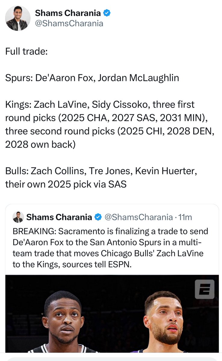 EricSal_7's tweet photo. Holy shit.

Spurs keep Castle.

Spurs keep Vassell. 

Spurs keep Sochan.

Spurs keep the Hawks picks. 

Spurs send Bulls 1st back to Chicago.

Spurs send Charlotte’s 2nd rounders. 

Spurs send their own first in 27 ( it will be late and they have the Hawks anyway).

Spurs send Twolves 1st in 31. 

Spurs send two second round picks.

This my friends is what Leverage looks like.

LETS FUCKING GOOOOO