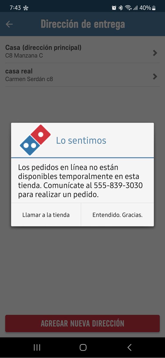 Emmanuel_2887's tweet photo. @dominosmx Hola buenas tardes la sucursal #11259 no me deja ordenar en la aplicación y llame y tampoco entra la llamada, que esta pasando @Profeco https://t.co/fVo0oPyEke