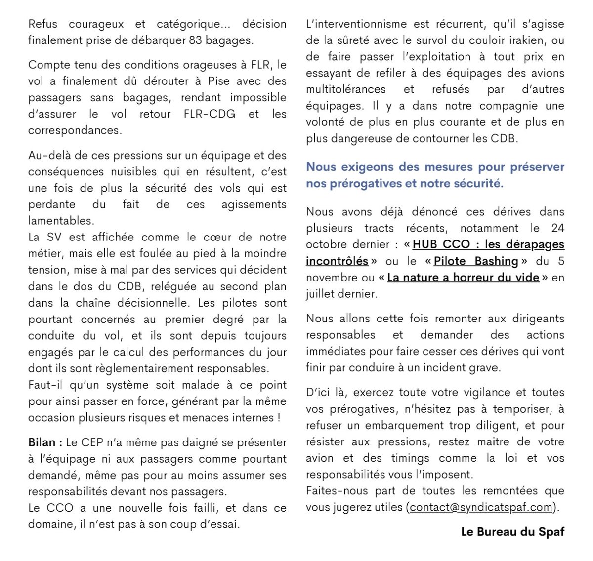 Pilote ou exécutant ? 
L’aviation dérive vers l’irresponsabilité

<a href="/pilotes_af/">Pilotes AirFrance</a> BASHING 
<a href="/SPAFaero/">Spaf</a> 
<a href="/snplafalpa/">SNPL Air France / Transavia</a>