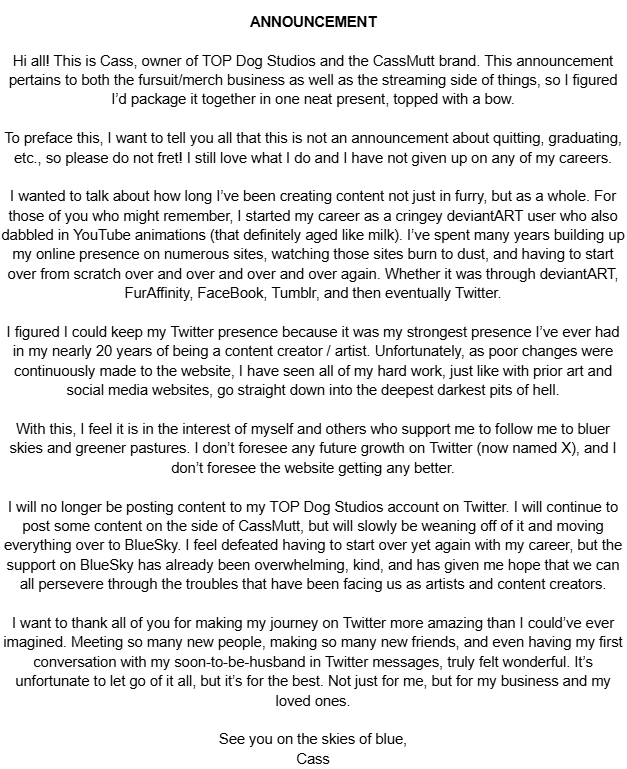 Announcement regarding the future of TOP Dog Studios on Twitter!